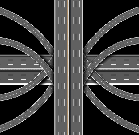 Car highway. The denouement of the many roads. Top view. Vector illustration