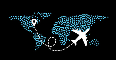 Flying plane on the background of the world map with a path from the departure point. Vector illustrationのイラスト素材