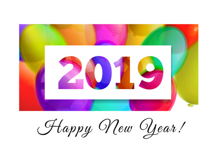 Happy New Year 2019 congratulation on the background of colored balls. The numbers are cut in paper....