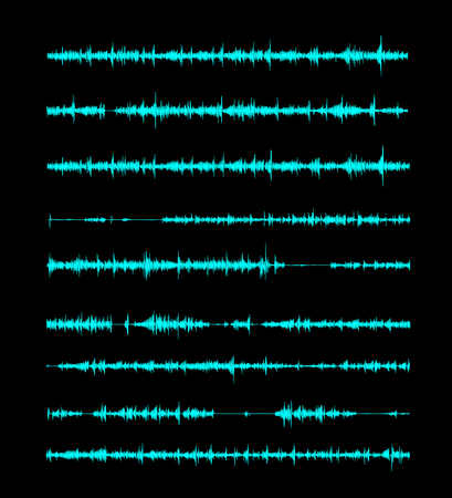 The sound wave of a linear form in the song or sound message, letter. Vector illustration isolated on black background.のイラスト素材