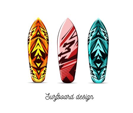 Set of designs for surfer boards on a white background. Vector illustration. Hawaiian styleのイラスト素材
