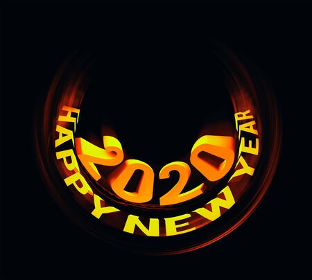 Congratulations on the New Year 2020 in technostyle. Rounded 3D text with HUD elements. Big data....