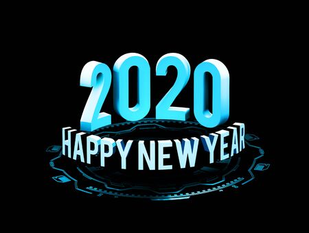 Congratulations on the New Year 2020 in technostyle. Rounded 3D text with HUD elements. Big data....