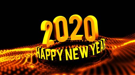 Congratulations on the New Year 2020 in technostyle. Rounded 3D text with HUD elements. Big data....