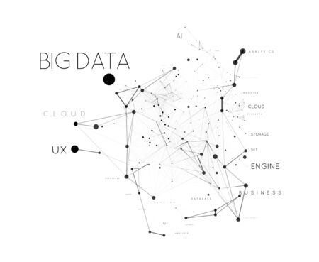 Big data concept in word tag cloud with plexud dot and line connection. Vector geometric backgroundの写真素材