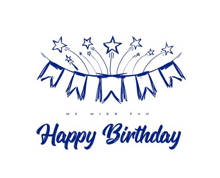 Happy birthday congratulations with flags on ribbons and fireworks from stars. Vector hand drawn illustration in doodle styleのイラスト素材