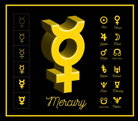 Mercury planet sign with other astrological symbols of the planets on black background. Vectorのイラスト素材