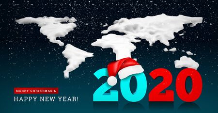 Happy New Year 2020 on the background of a snowy ice world map. Numbers 2020 under the hat of Santa...