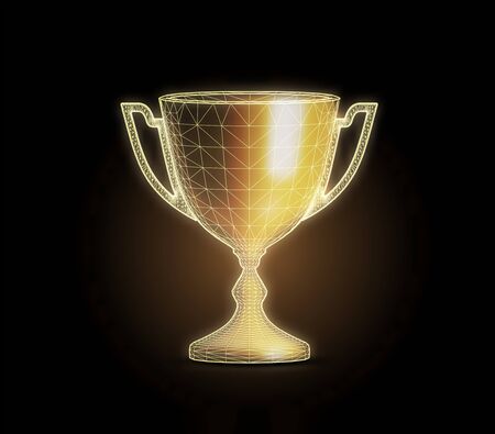 Golden award cup with polygonal grid on dark background. Vector illustrationのイラスト素材
