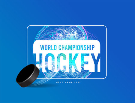 Ice hockey puck on a background of ice and skating patterns. Vector illustration on light blue backgroundのイラスト素材