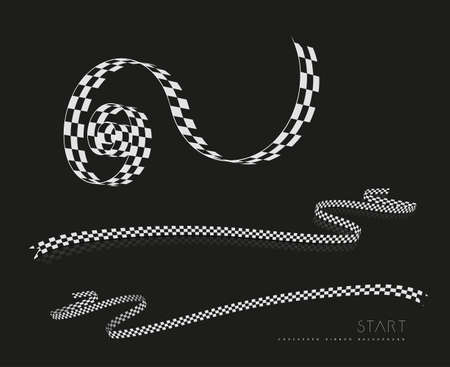 Checkered racing flag, ribbon. Vector set illustration on black backgroundのイラスト素材