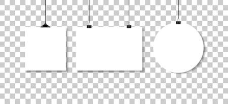 White paper hanging on binders with black rope with drop shadow. Vector illustration on checkered backgroundのイラスト素材