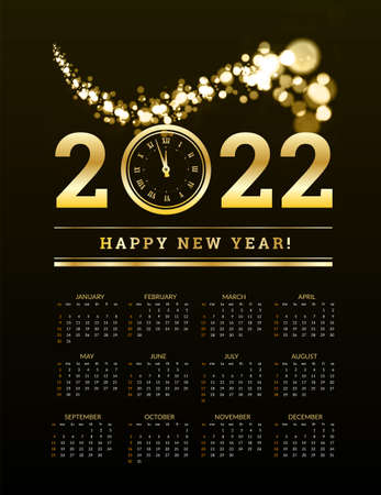 Calendar for 2022 with a calendar with gold clock and glitter particles. Vector illustration on black backgroundのイラスト素材