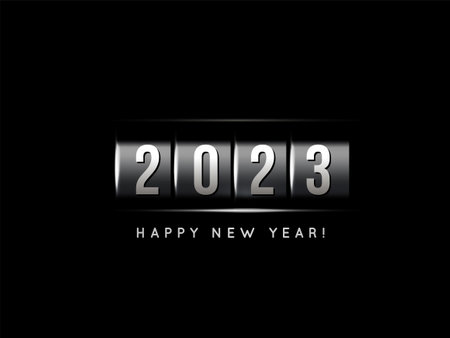 Congratulations on the new year 2023. Metal counter. Vector illustration isolated on black backgroundのイラスト素材