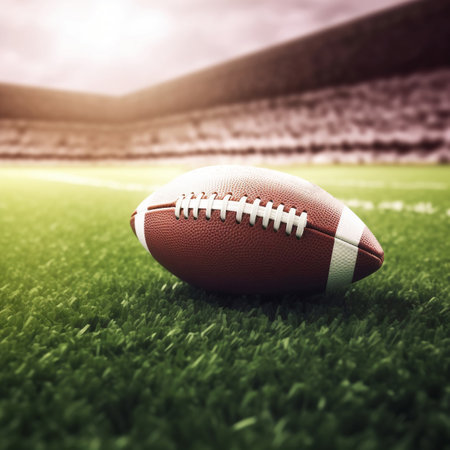 American football ball on green grass in stadiumの素材