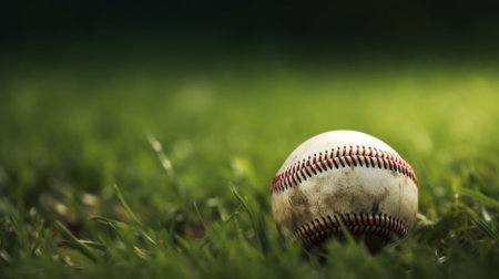 Baseball ball in green grass stadiumの素材