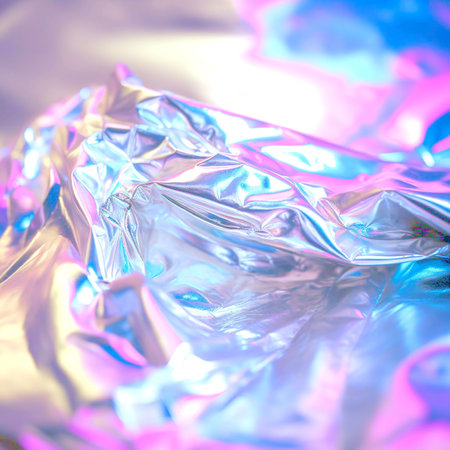 Holographic real texture in blue pink colors with scratches and irregularities. Holographic color wrinkled foil. Holographic rainbow foil abstract background.の素材