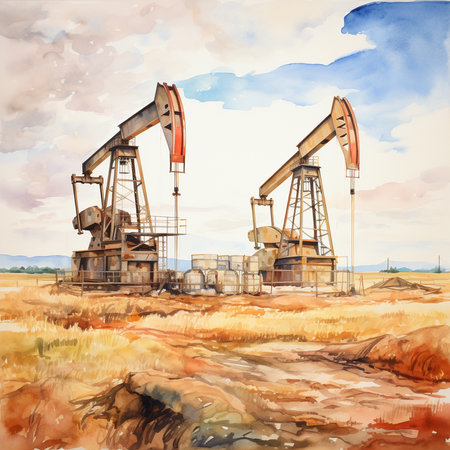 oil industry. Oil rigs engaged in mining. watercolor illustrationの素材