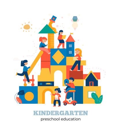 Kindergarten. Preschool education. Vector flat illustrationのイラスト素材