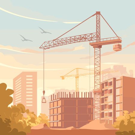 Construction crane on a construction site against the background of buildings under construction. Vector flat illustrationのイラスト素材