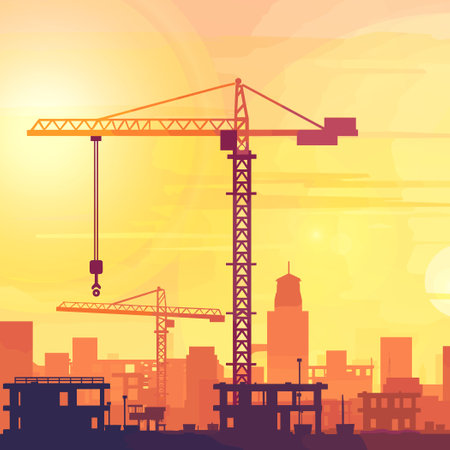 Construction crane on a construction site against the background of buildings under construction. Vector flat illustrationのイラスト素材
