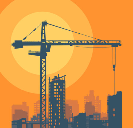 Construction crane on a construction site against the background of buildings under construction. Vector flat illustrationのイラスト素材