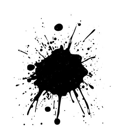 An abstract black ink splatter with drips and dots on a white background.のイラスト素材