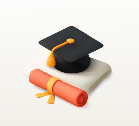 A 3D rendering of a graduation cap and diploma scroll on a white background, symbolizing education. Vector plastic iconのイラスト素材
