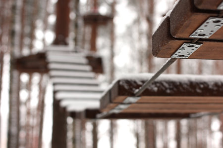 A high rope bridge with a snow-covered forest in the backgroundの写真素材