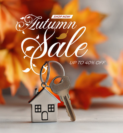 Autumn real estate sale depicted with a house key, fall leaves and discounts up to 40%.の素材
