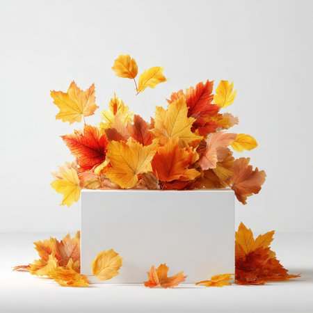 Minimalist podium scene featuring colorful autumn leaves surrounding a white pedestal, suitable for product showcases and seasonal marketing.の素材