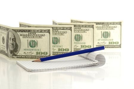 One hundred dollar notes against the white backgroundの写真素材