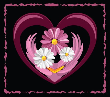Illustration of decorative heart with the daisies against the black backgroundのイラスト素材