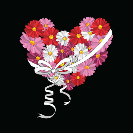 Illustration of decorative heart with the daisies against the black backgroundのイラスト素材