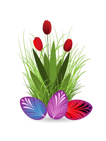 Tulips and Easter eggs against the white backgroundのイラスト素材