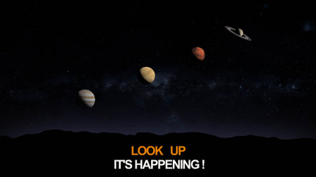 planet alignment  , jupiter , venus , mars and saturn align in the sky 3d illustrationの写真素材