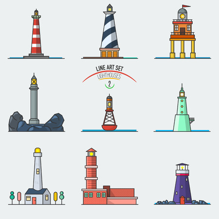 Vector set of cartoon line art lighthouses. Searchlight towers for maritime navigation guidance. Ocean beacon light vector tower lighthouse. Vector illustration.の写真素材