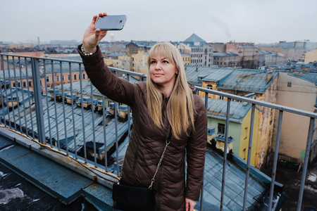 girl makes selfieの写真素材