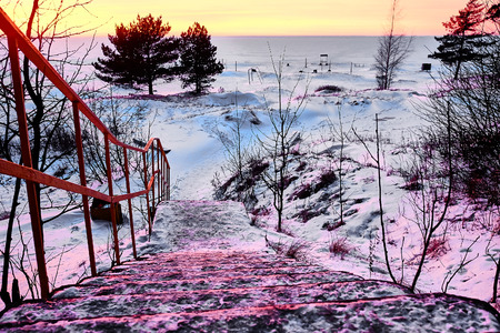 winter sunset on the coastの写真素材