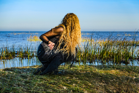 the witch on the sea on Halloweenの写真素材