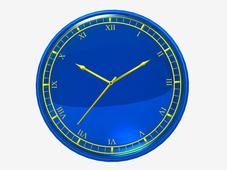 dark blue wall clock with a goldish clock-face on a white background