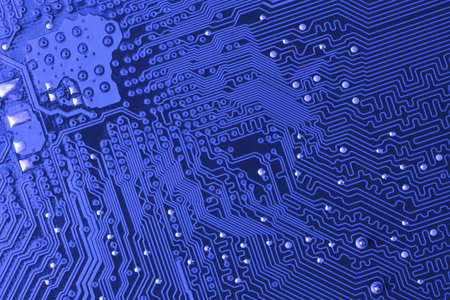 blue microcircuit with chip of condensers, resistors and transistors