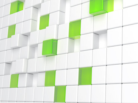 Abstract background consisting of white plastic and green glass cubesの写真素材