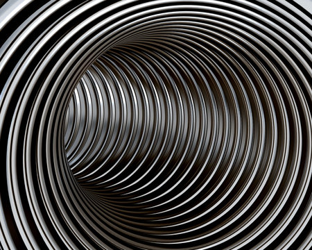 Turn in the round tunnel with the polished metal wallsの写真素材