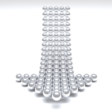 Grey arrow consisting of metal balls on a white backgroundの写真素材