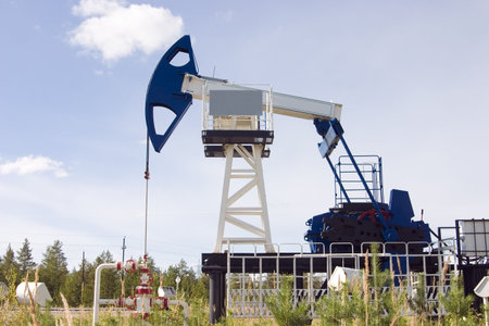Oil rocking chair of a white-blue coloring on a background of an environment and the blue sky