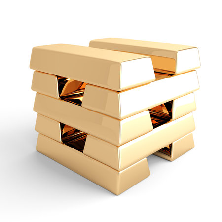 Gold ingots combined by a column on a white backgroundの写真素材