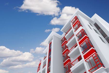 high modern residential building on a background sky and clouds