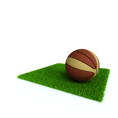 basketball on a lawn from a green bright grass on a white backgroundの写真素材