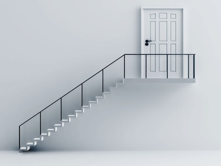 stair with metallic rails and door on a background a white wallの写真素材